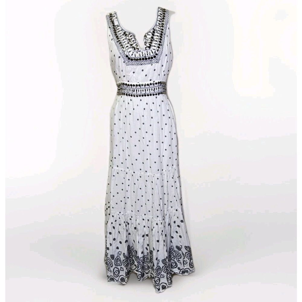 Oasis Maxi Dress 14 Embroidered White Black Beaded Embellished Floral Cotton